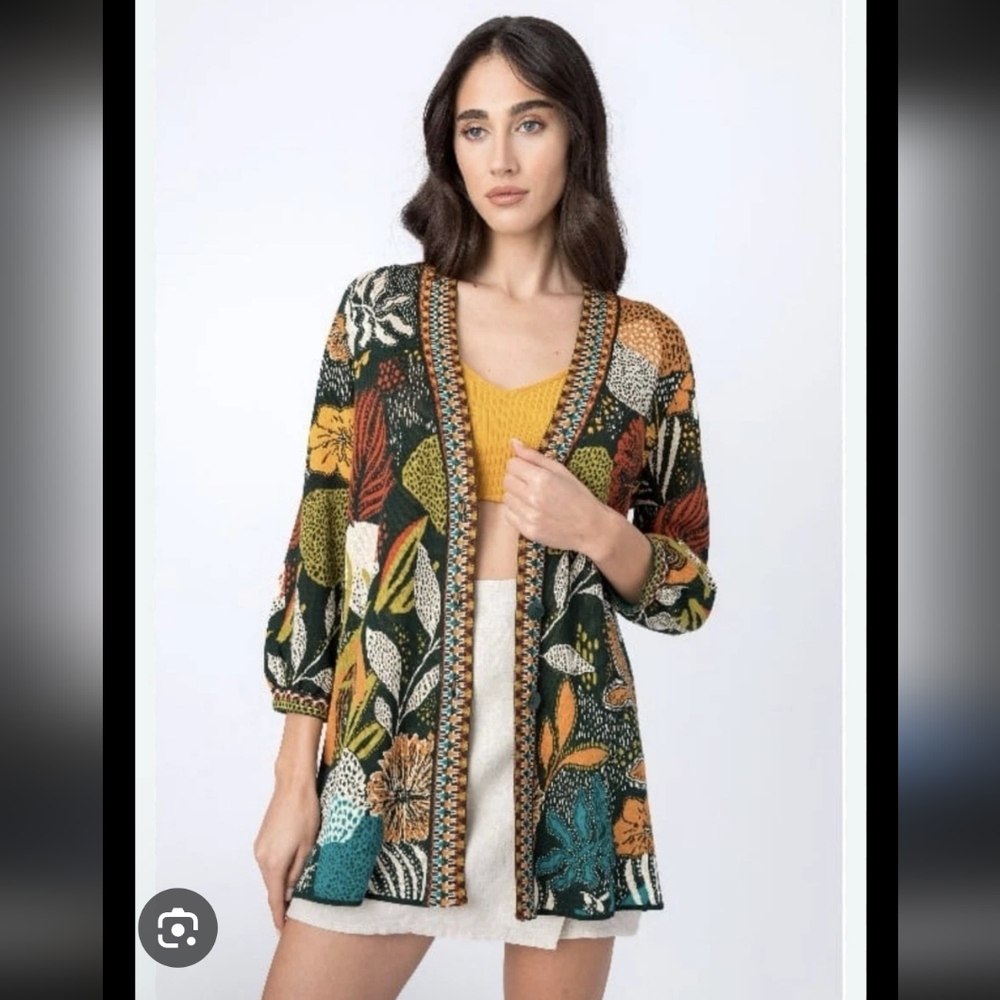 IVKO  Jacquard Floral Patchwork Open-Front Cardigan in Mustard, Green & Teal